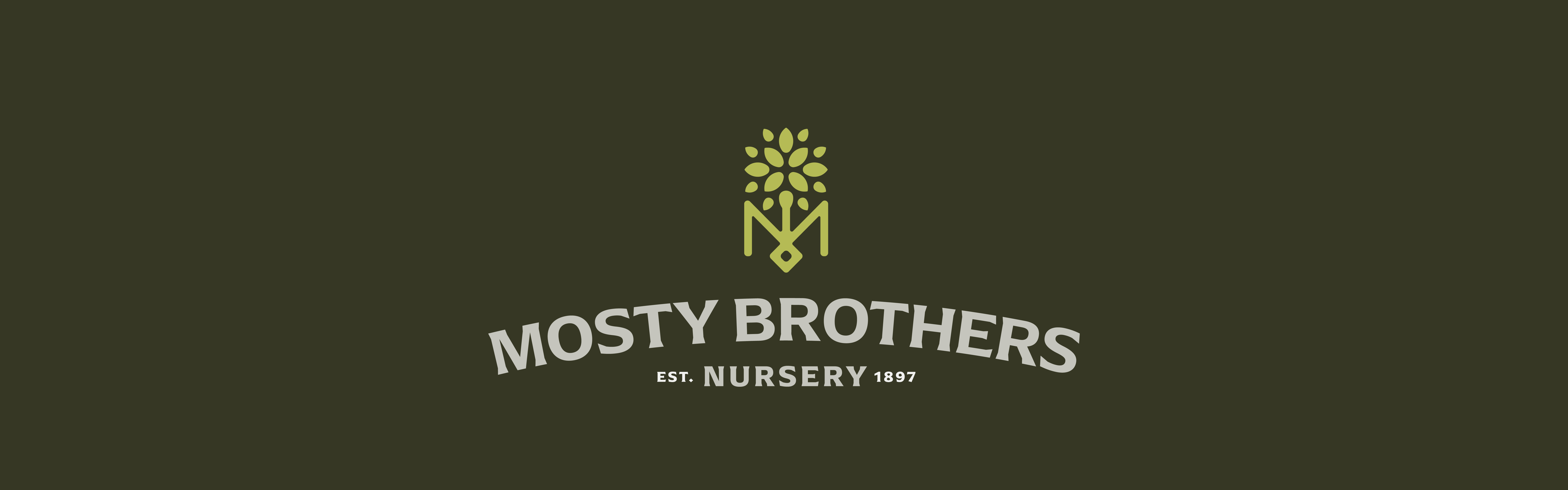 Logo of "Mosty Brothers Nursery" with an establishment year of 1897, featuring a stylized flower graphic above the text, set against an olive green background.