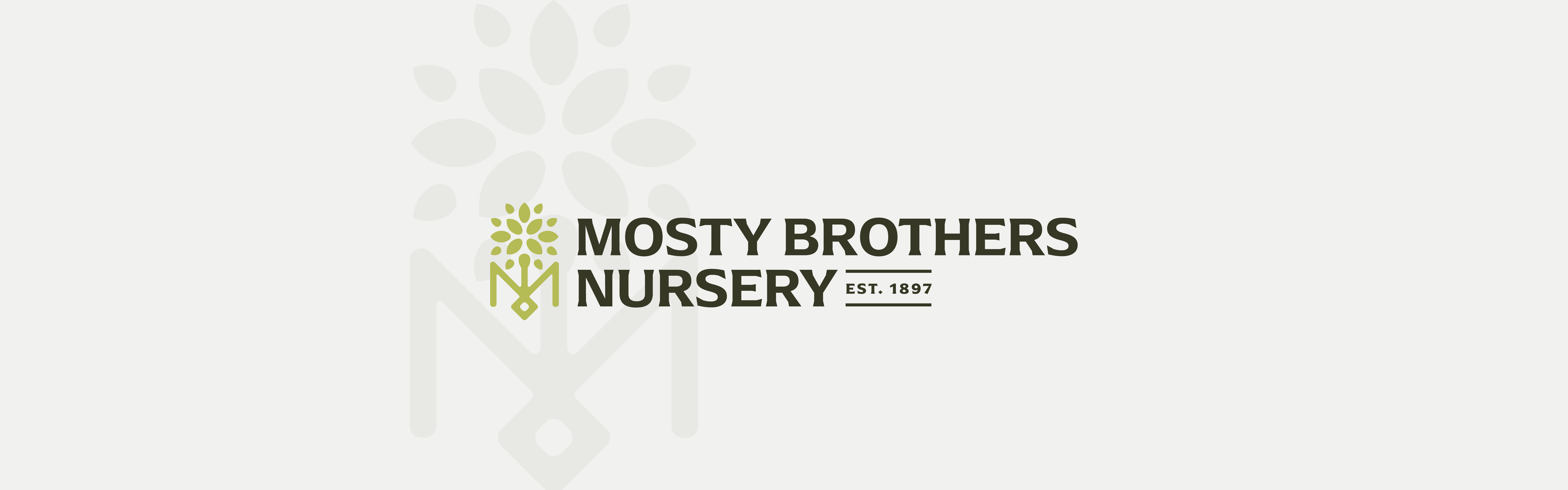 The image showcases a logo for Mosty Brothers Nursery, established in 1897, featuring a stylized graphic of a plant in a green and yellow color scheme.