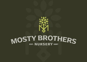 A logo for 'Mosty Brothers Nursery' with an establishment date of 1897, featuring stylized graphical elements representing plants and gardening tools against a dark green background.