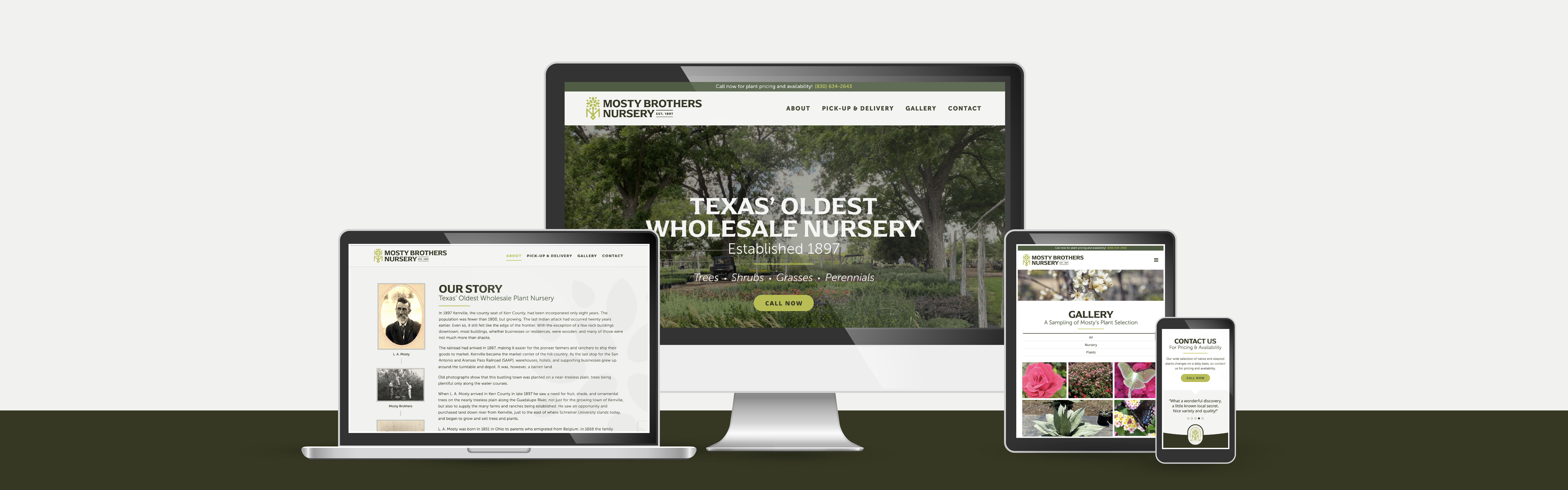 Responsive website design displayed across multiple devices, showcasing Mosty Brothers Nursery business.