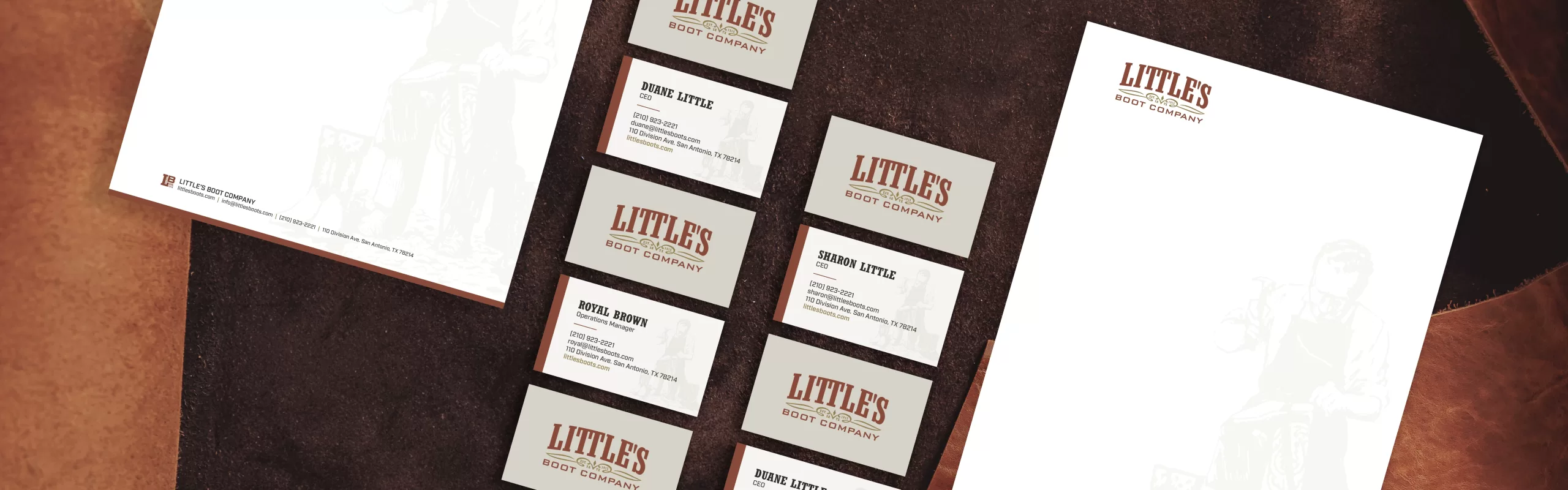 little's boot company marketing materials design displayed on a leather background