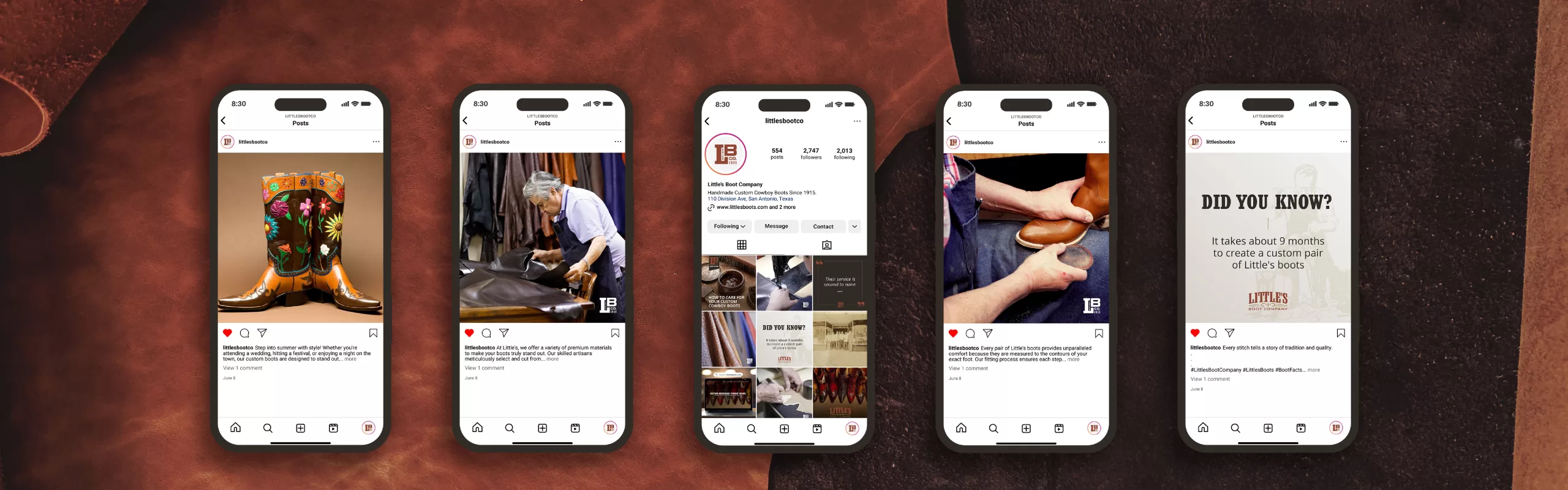 little's boot company social media posts and designs displayed on a mobile device
