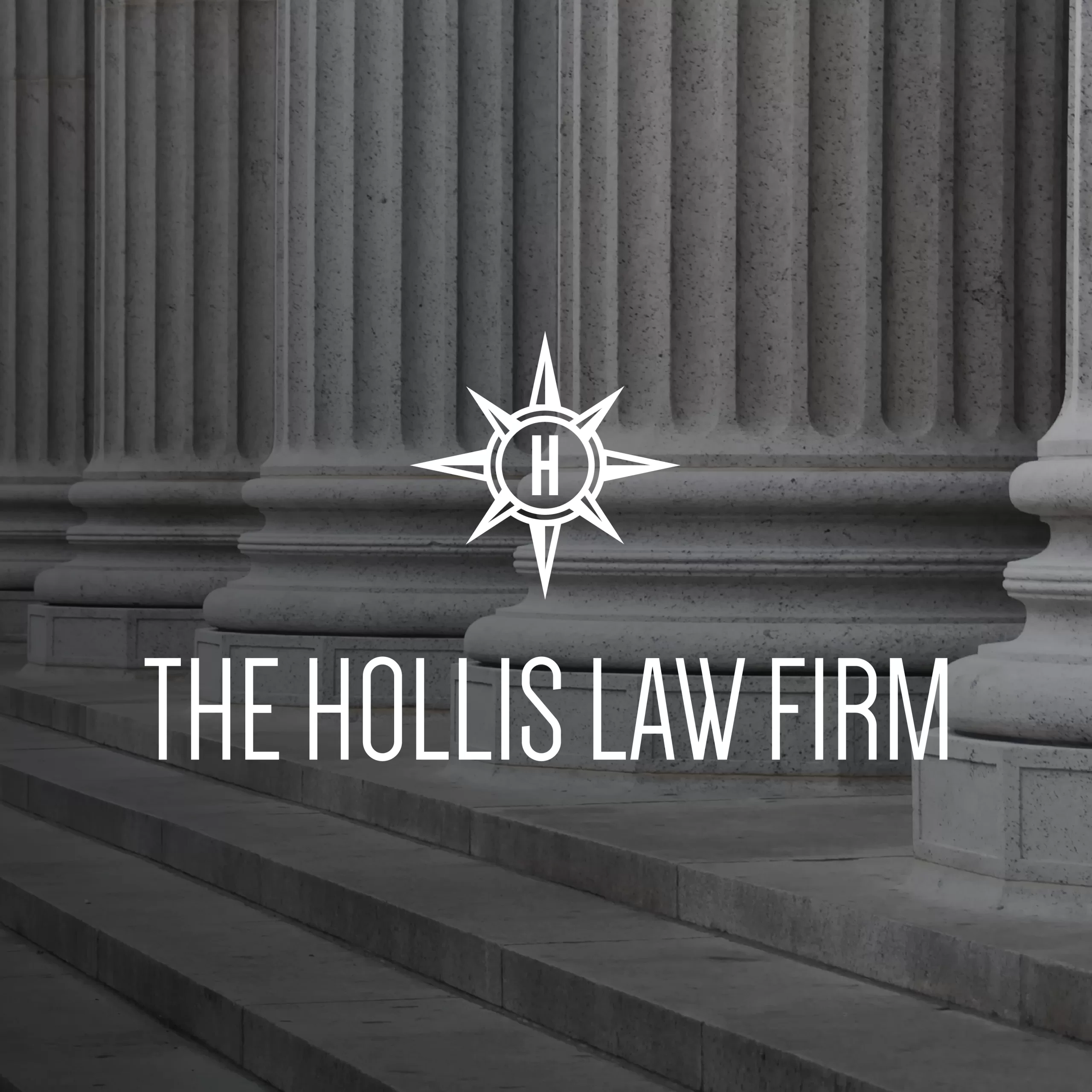 The Hollis Law Firm logo design against a photo background.