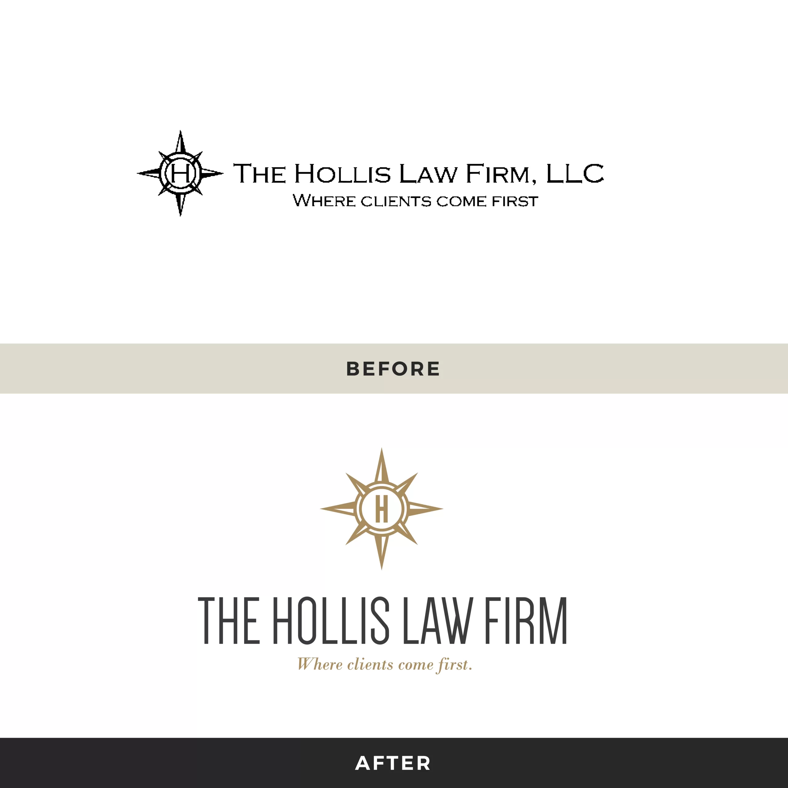The Hollis Law Firm logo design before and after.