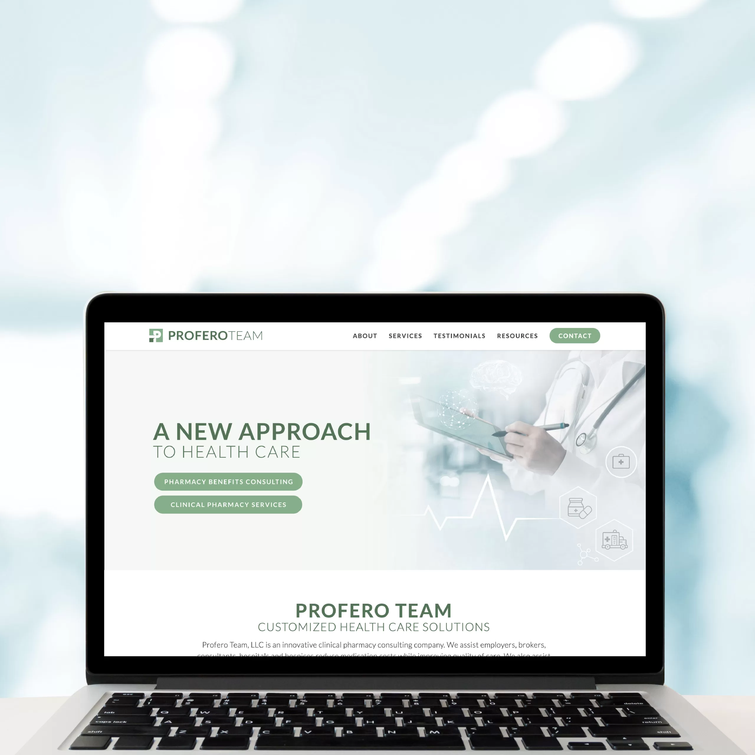 A laptop showcasing a healthcare consulting website is adorned with a doctor image and text emphasizing clinical pharmacy and healthcare solutions, expertly crafted by Dayton Web Design Services.